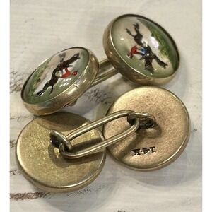 Antique VTG 14K Solid Gold Intaglio Reverse Essex Crystal Horse Jockey Cufflinks
